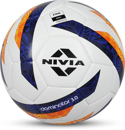 Nivia Dominator 3.0 Fußball, Spielball, 32 Felder, strapazierfähiges & weiches PU-Leder, Butyl-Gewebe verletzte Blase, FIFA Basic, zum Spielen auf natürlichem und künstlichem Rasen (Multicolor, Größe - 5)