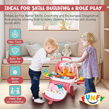 FUNFY 2-in-1 Tragbares Rucksack-Spielzeugküchen-Spielset | Mehrfarbig | Material: Kunststoff | Kochutensilien, Töpfe, Obst und Gemüse | Geschicklichkeitsaufbau | Rollenspiel | für Kinder