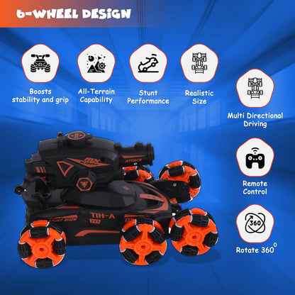 FUNFY 1:16 Scale 6-Wheel RC Stunt Car with Climbing and Shooting Function | Black | with 6 wheels for 45-degree propulsion, fog effect, obstacle crossing, all-wheel drive, and rechargeable battery for children and as a gift