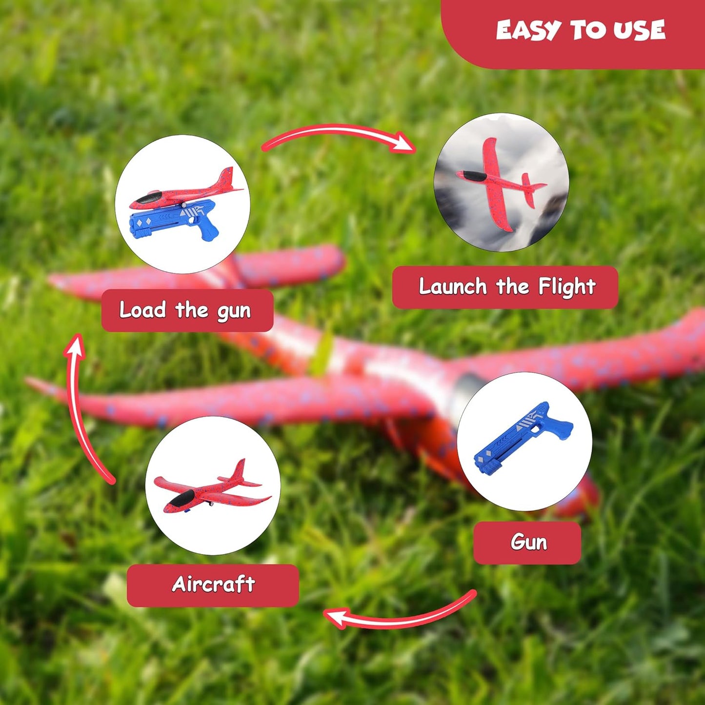 FUNFY Flugzeug-Startpistole aus Schaumstoff für draußen | EPP-Polymer und Kunststoff | Blau und Rot | 2 Segelflugzeuge für aufregende Abenteuer in der Luft | Bietet Kindern stundenlange Unterhaltung