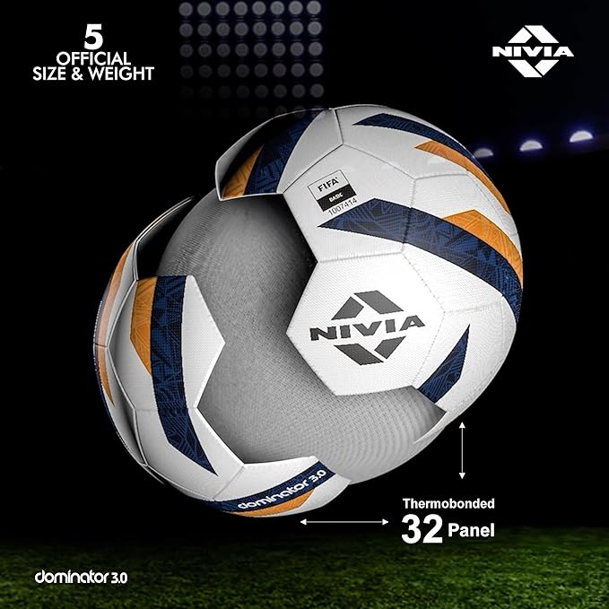 Nivia Dominator 3.0 Fußball, Spielball, 32 Felder, strapazierfähiges & weiches PU-Leder, Butyl-Gewebe verletzte Blase, FIFA Basic, zum Spielen auf natürlichem und künstlichem Rasen (Multicolor, Größe - 5)