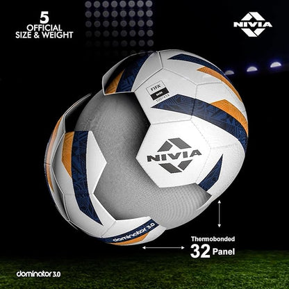 Nivia Dominator 3.0 Fußball, Spielball, 32 Felder, strapazierfähiges & weiches PU-Leder, Butyl-Gewebe verletzte Blase, FIFA Basic, zum Spielen auf natürlichem und künstlichem Rasen (Multicolor, Größe - 5)