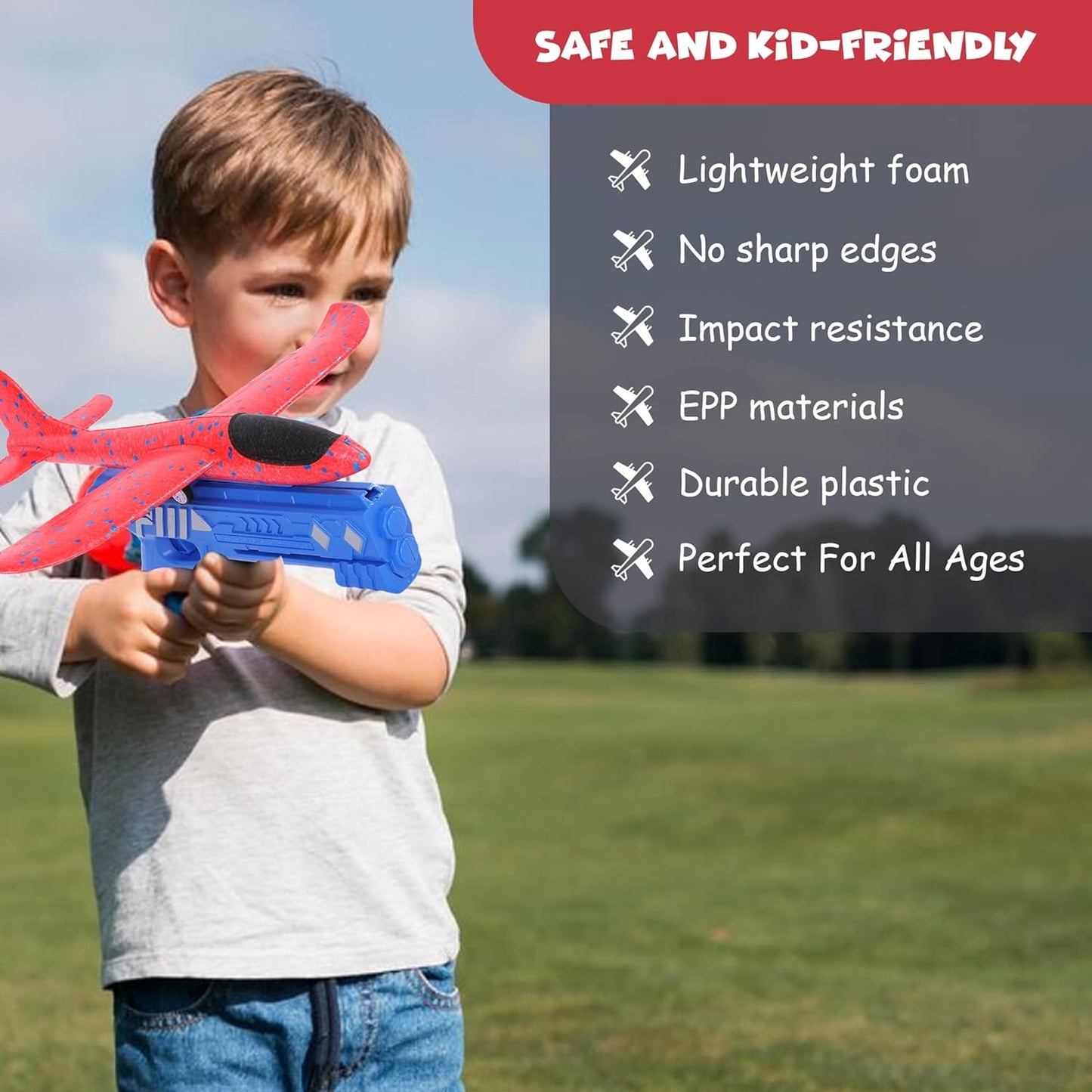 FUNFY Flugzeug-Startpistole aus Schaumstoff für draußen | EPP-Polymer und Kunststoff | Blau und Rot | 2 Segelflugzeuge für aufregende Abenteuer in der Luft | Bietet Kindern stundenlange Unterhaltung