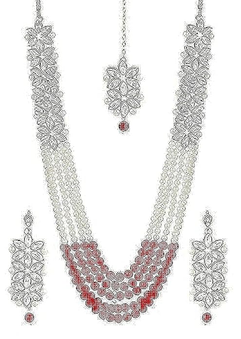 YouBella Hochzeit Braut Halskette Schmuckset | Mit Ohrringen und Stirnschmuck| Vergoldet | Rot und Weiß | Material: Perle, Metall | Modischer Kunstschmuck | Für Frauen und Mädchen