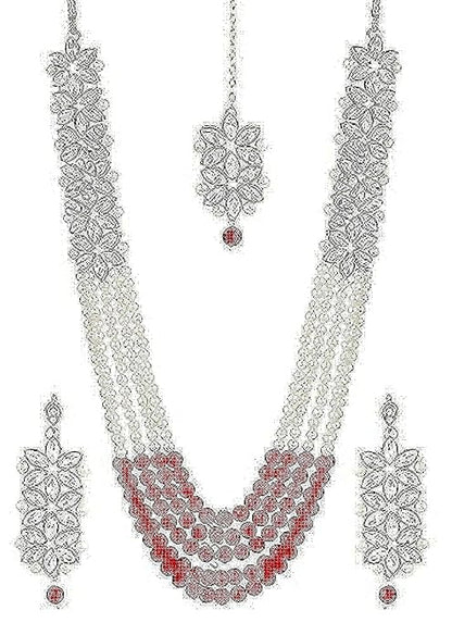 YouBella Hochzeit Braut Halskette Schmuckset | Mit Ohrringen und Stirnschmuck| Vergoldet | Rot und Weiß | Material: Perle, Metall | Modischer Kunstschmuck | Für Frauen und Mädchen