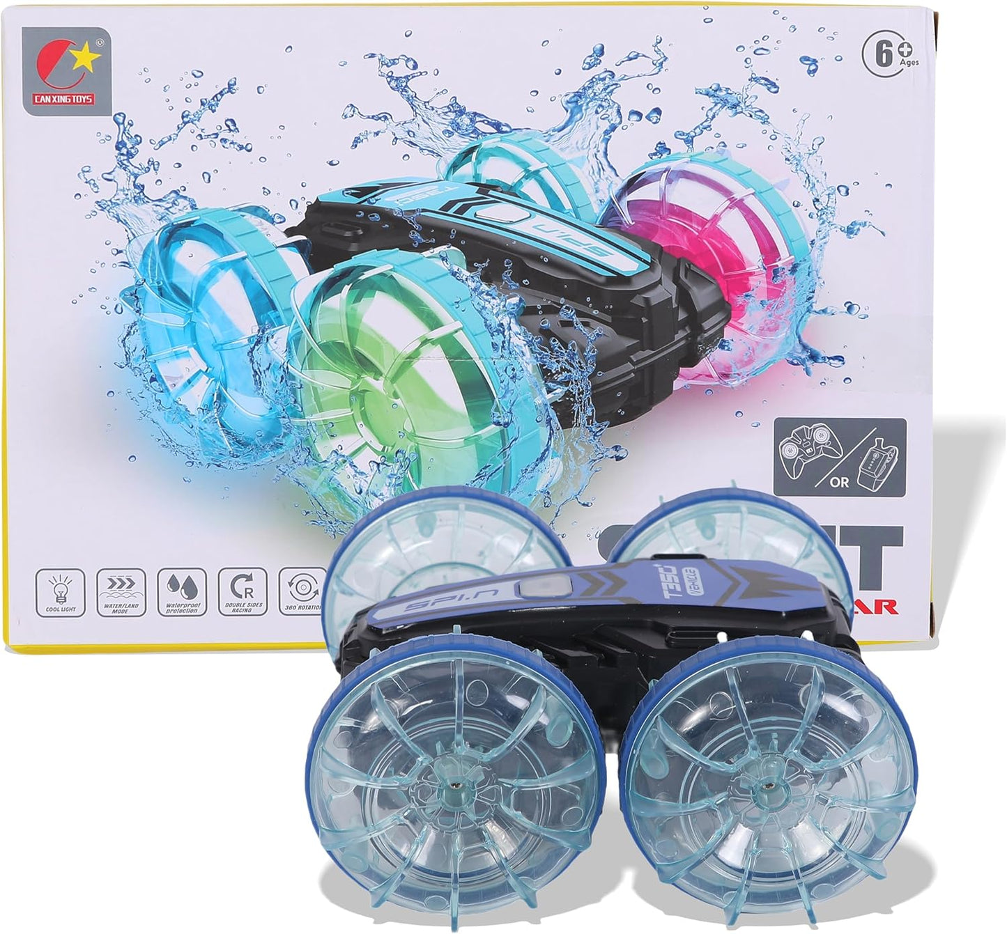 FUNFY Aqua Stunt RC-Auto mit leuchtenden Lichtern | 4WD mit wasserfestem | Mehrfarbig | Das geländegängige Marvel für Kinder ermöglicht spannende Stunts an Land und im Wasser