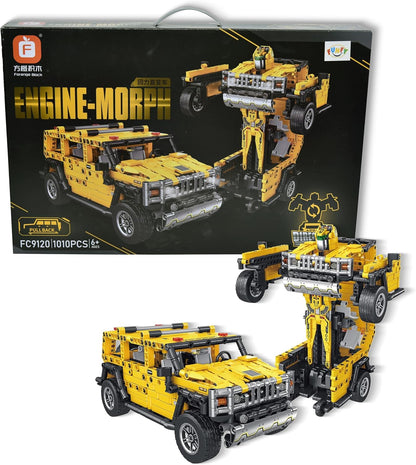 FUNFY 1010-teiliges 2-in-1-Spielzeug mit Rückziehauto und Transformer-Bausteinen | Gelb | ABS-Kunststoff | Dieses Deformationsauto wird zur Transformer-Figur | Perfekt zum Verschenken | Actionfigur