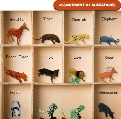 FUNFY Wild Animal Safari and Forest Toy Set with Box | Multicolored | Miniature assortment includes 10 animal figures with 18 forest trees and rocks | Encourages imaginative play | for children
