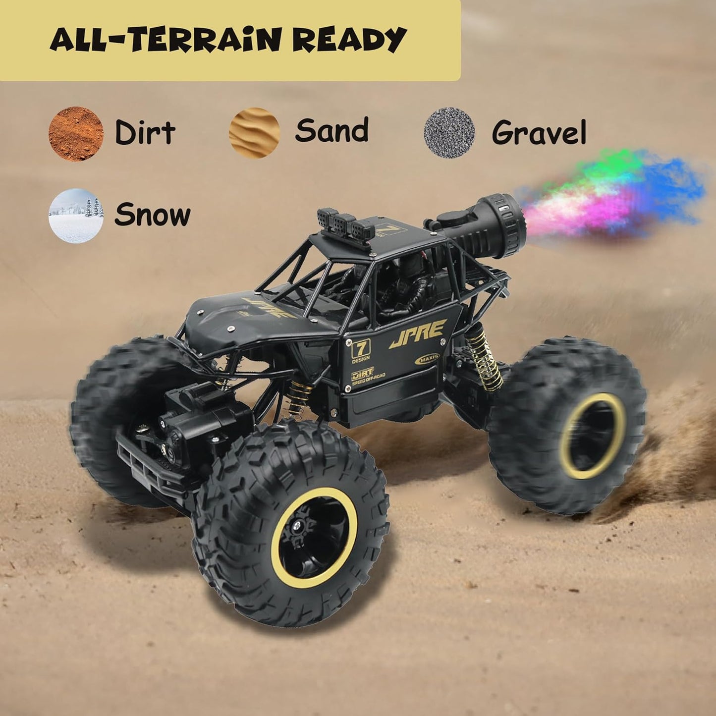 FUNFY 1:16 Rock Explorer 4WD RC Toy Car | Black | with 4 soft suspensions, dual motor, flash mist spray, better grip tires, sturdy body, and rechargeable battery as a gift for kids