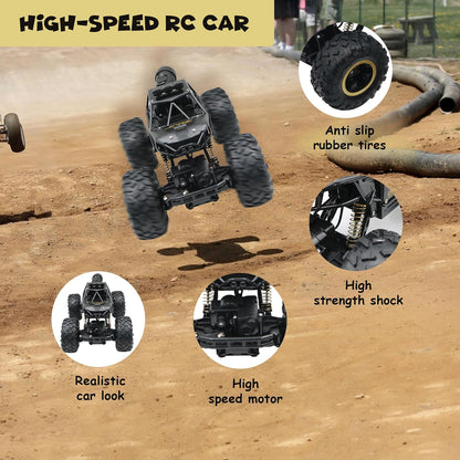 FUNFY 1:16 Rock Explorer 4WD RC Toy Car | Black | with 4 soft suspensions, dual motor, flash mist spray, better grip tires, sturdy body, and rechargeable battery as a gift for kids