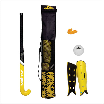 ALFA Composite Hockey Set SCH-6014-YELLOW | Komplettset mit Composite-Schläger, Schienbeinschonern, Mundschutz, Ball und Tasche | All-in-One-Feldhockeyset | Ideal für Anfänger und fortgeschrittene Spieler
