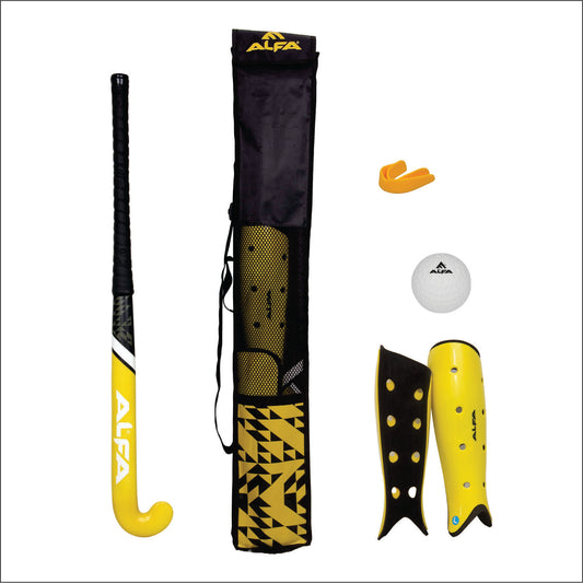 ALFA Composite Hockey Set SCH-6014-YELLOW | Komplettset mit Composite-Schläger, Schienbeinschonern, Mundschutz, Ball und Tasche | All-in-One-Feldhockeyset | Ideal für Anfänger und fortgeschrittene Spieler