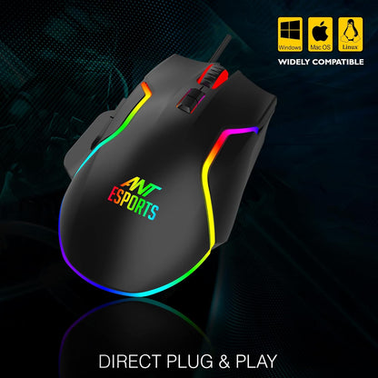 Ant Esports GM320 RGB Optische kabelgebundene Gaming-Maus | Beidhändig nutzbares Design | 8 programmierbare Tasten | Einstellbare DPI bis zu 12800 | RGB-Beleuchtung | Schnellfeuer-Taste