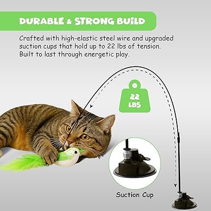 Funfy Cat Wand Toy, Interactive Cat Feather Toy with Bird for Indoor Self-Play &amp; Exercise | 2 Play Modes Kitten Teaser Wand with Green Color Bird, Reusable Suction Cup Kitten Toy