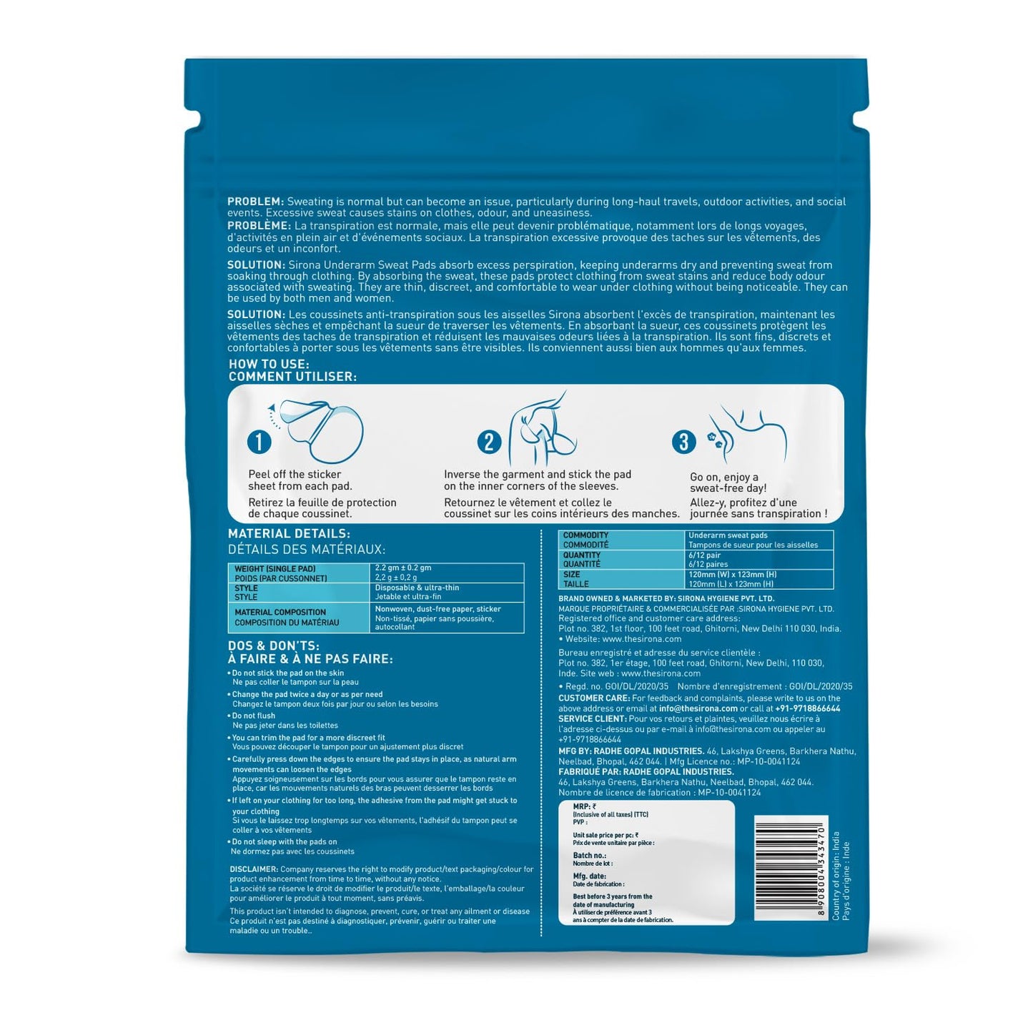 Sirona Einweg-Achselpads, Antitranspirant Absorbent Geruch Blocker Pads Achsel Kleid Shields, kämpft Hyperhidrose