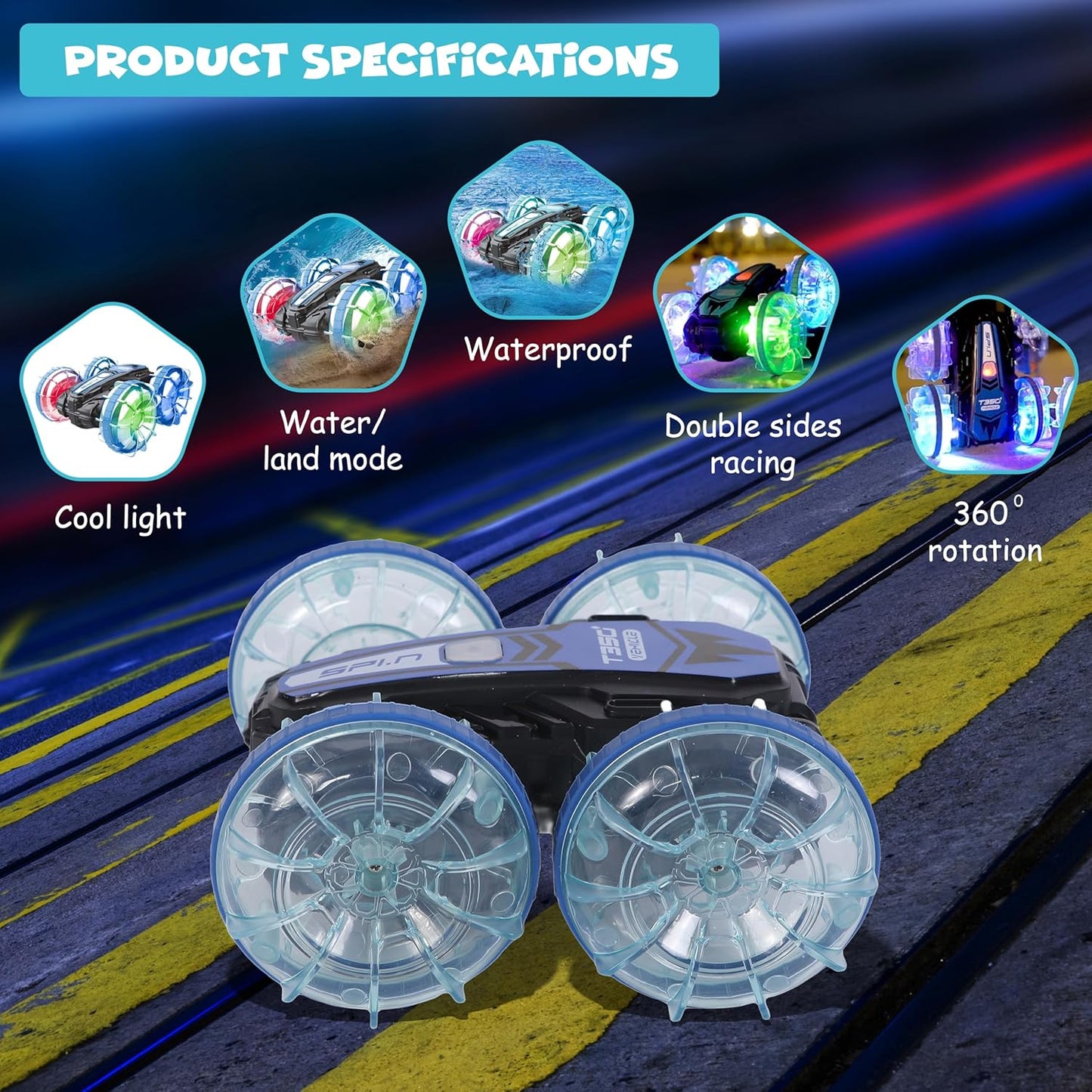 FUNFY Aqua Stunt RC-Auto mit leuchtenden Lichtern | 4WD mit wasserfestem | Mehrfarbig | Das geländegängige Marvel für Kinder ermöglicht spannende Stunts an Land und im Wasser