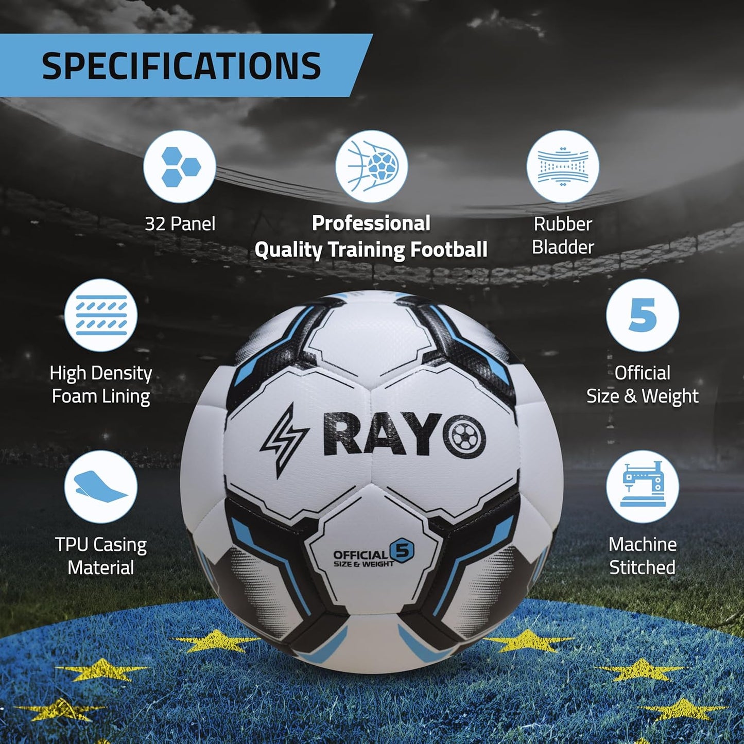 Rayo Stürmer 32 Panel Maschine genäht Fußball der Größe 5 | Material : TPU | Multicolor | Für das Training in Vereinen, Ligen und Akademien Ebene professionelle Spiele