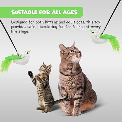 Funfy Cat Wand Toy, Interactive Cat Feather Toy with Bird for Indoor Self-Play &amp; Exercise | 2 Play Modes Kitten Teaser Wand with Green Color Bird, Reusable Suction Cup Kitten Toy