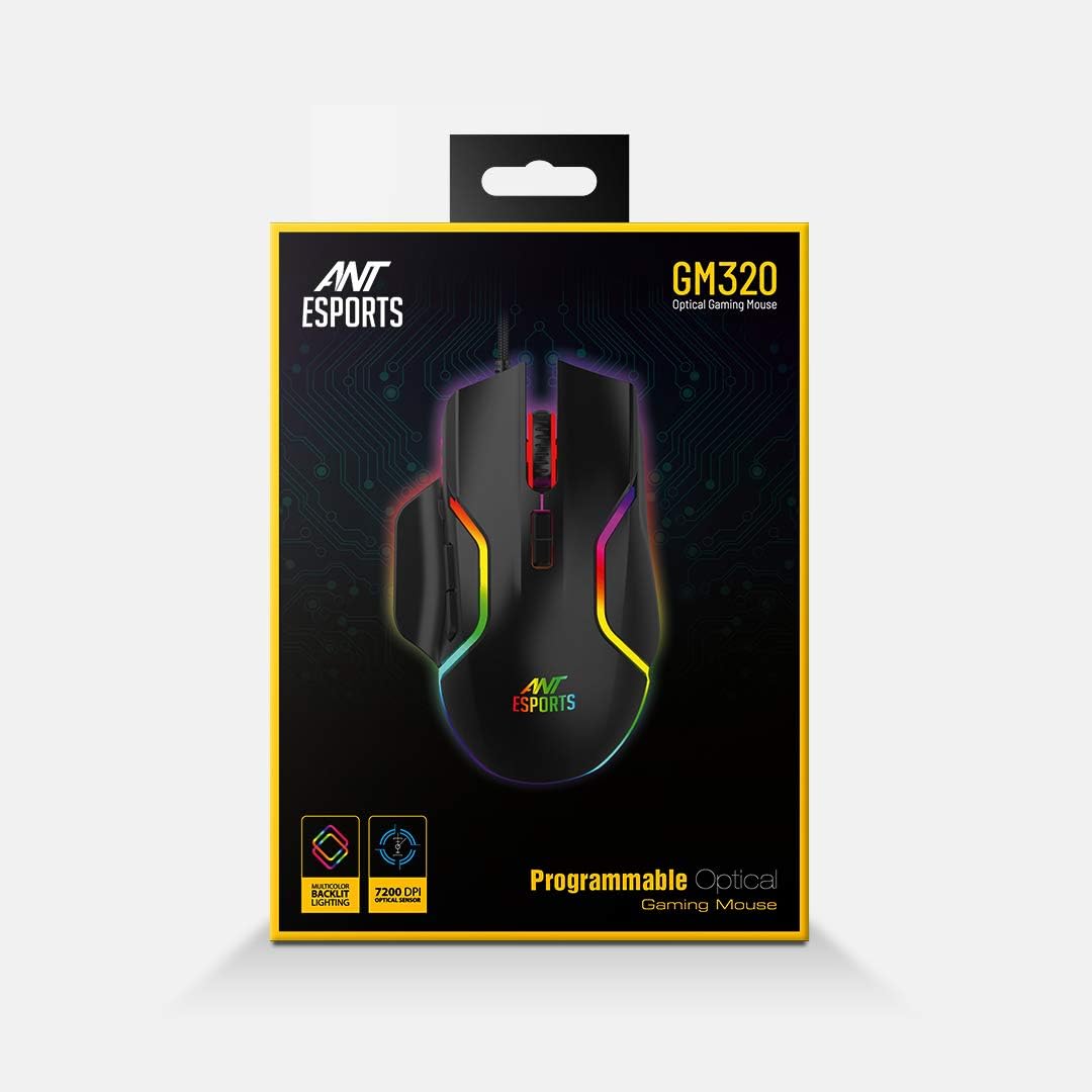 Ant Esports GM320 RGB Optische kabelgebundene Gaming-Maus | Beidhändig nutzbares Design | 8 programmierbare Tasten | Einstellbare DPI bis zu 12800 | RGB-Beleuchtung | Schnellfeuer-Taste