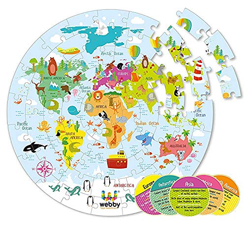 Webby Amazing World Map Jigsaw Floor Puzzle | 60 Teile | Enthält 4 doppelseitige Lernkarten | Rundes Lernpuzzle | Verbessert das Gedächtnis, die Konzentration und die Farberkennung