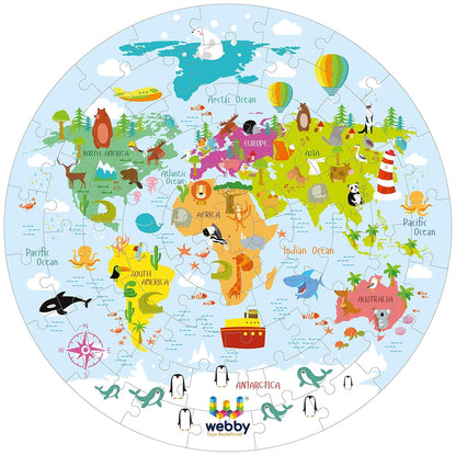 Webby Amazing World Map Jigsaw Floor Puzzle | 60 Teile | Enthält 4 doppelseitige Lernkarten | Rundes Lernpuzzle | Verbessert das Gedächtnis, die Konzentration und die Farberkennung