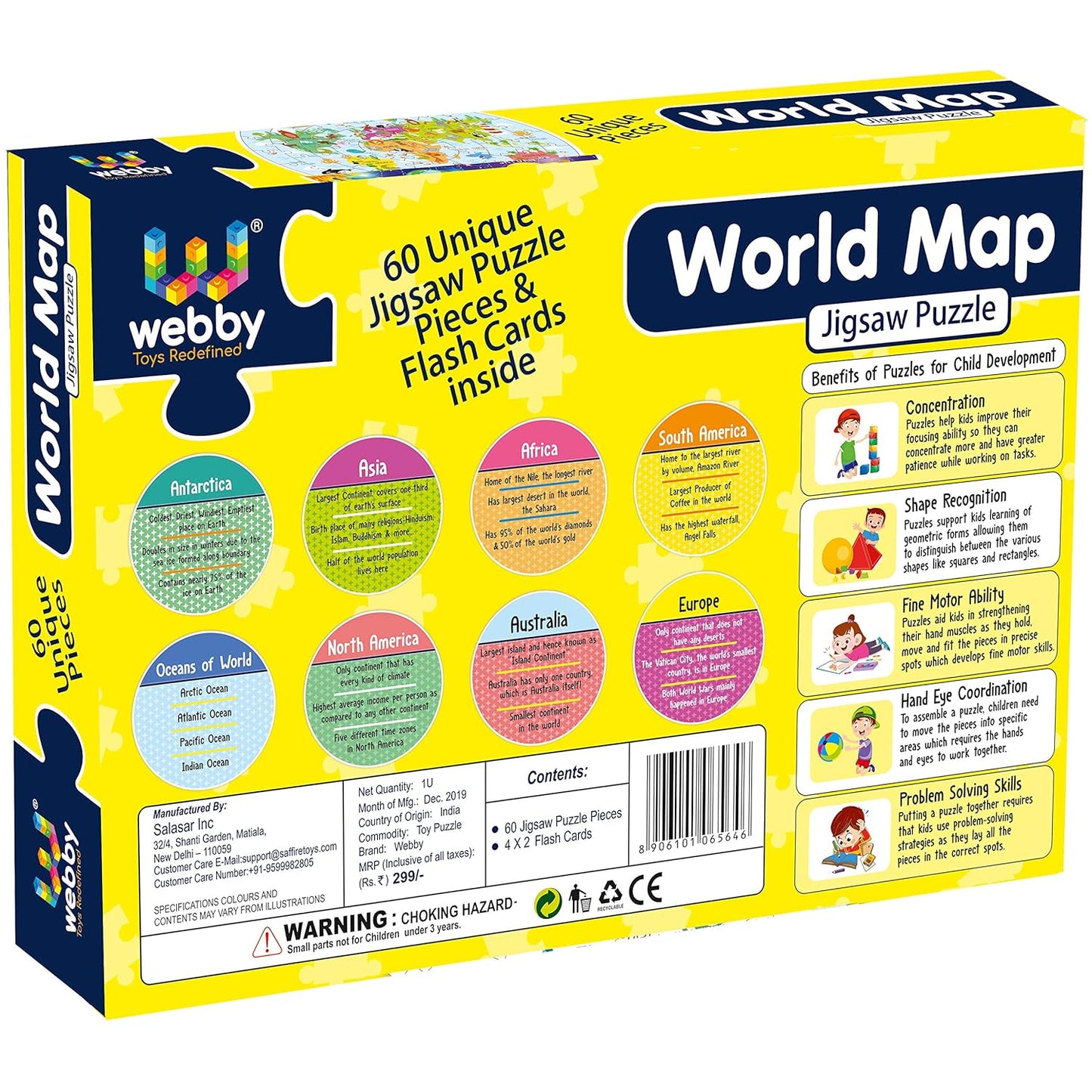 Webby Amazing World Map Jigsaw Floor Puzzle | 60 Teile | Enthält 4 doppelseitige Lernkarten | Rundes Lernpuzzle | Verbessert das Gedächtnis, die Konzentration und die Farberkennung