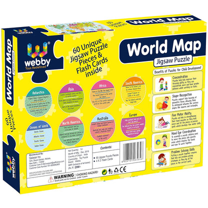 Webby Amazing World Map Jigsaw Floor Puzzle | 60 Teile | Enthält 4 doppelseitige Lernkarten | Rundes Lernpuzzle | Verbessert das Gedächtnis, die Konzentration und die Farberkennung