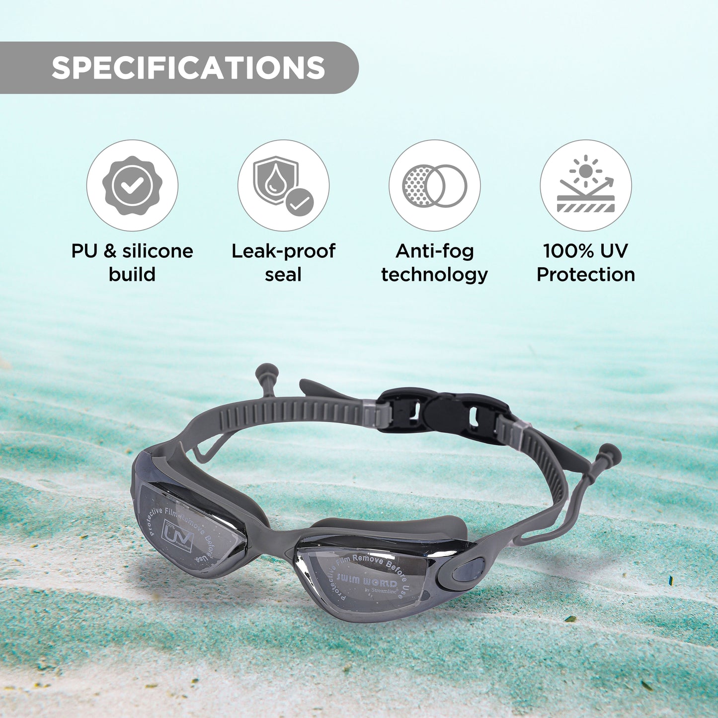 EOL/ ENDLESS EL1005 Stylische Schwimmbrille mit Anti-Beschlag und UV-Schutz | Material: Silikon, PU | Angeschlossene Ohrbügel und verstellbares Band | Weiche Silikondichtung für Auslaufschutz | Mit Hartschalenetui