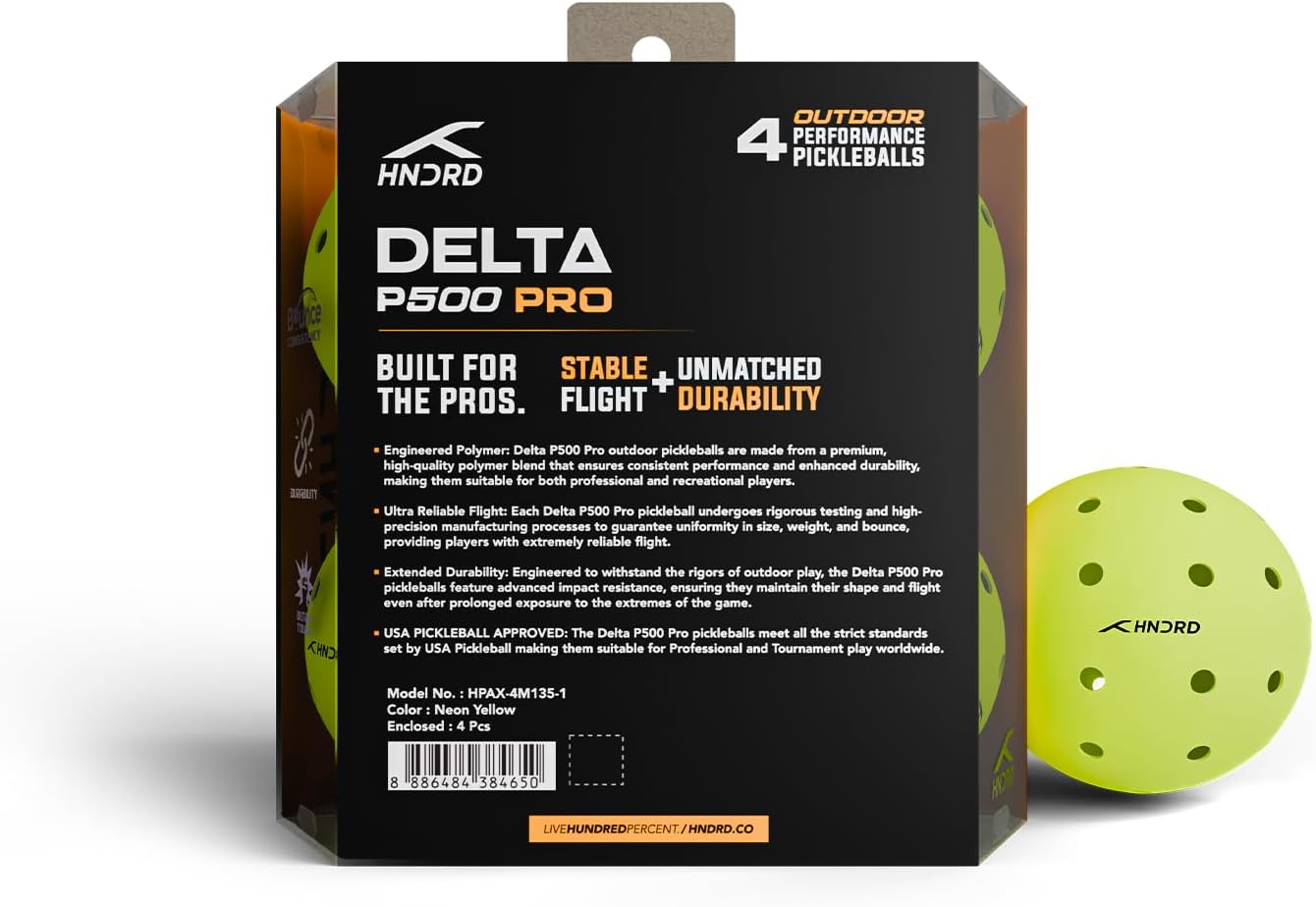 Delta P500 Pro Outdoor-Pickleballs (4er-Pack) | Neongelb | 40-Loch-Design | Langlebige Bälle mit hohem Sprungverhalten für Outdoor-Plätze | Ideal für Wettkämpfe und Freizeitspiele