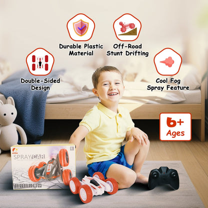 FUNFY Racing Stunt RC-Spielzeugauto mit Allradantrieb | mit 360-Grad-Drehung, Offroad, Doppelseitenantrieb | Rutschfeste Vakuumreifen, Nebelspray und wiederaufladbarer Batterie | Schwarz und Rot | für Kinder, Erwachsene