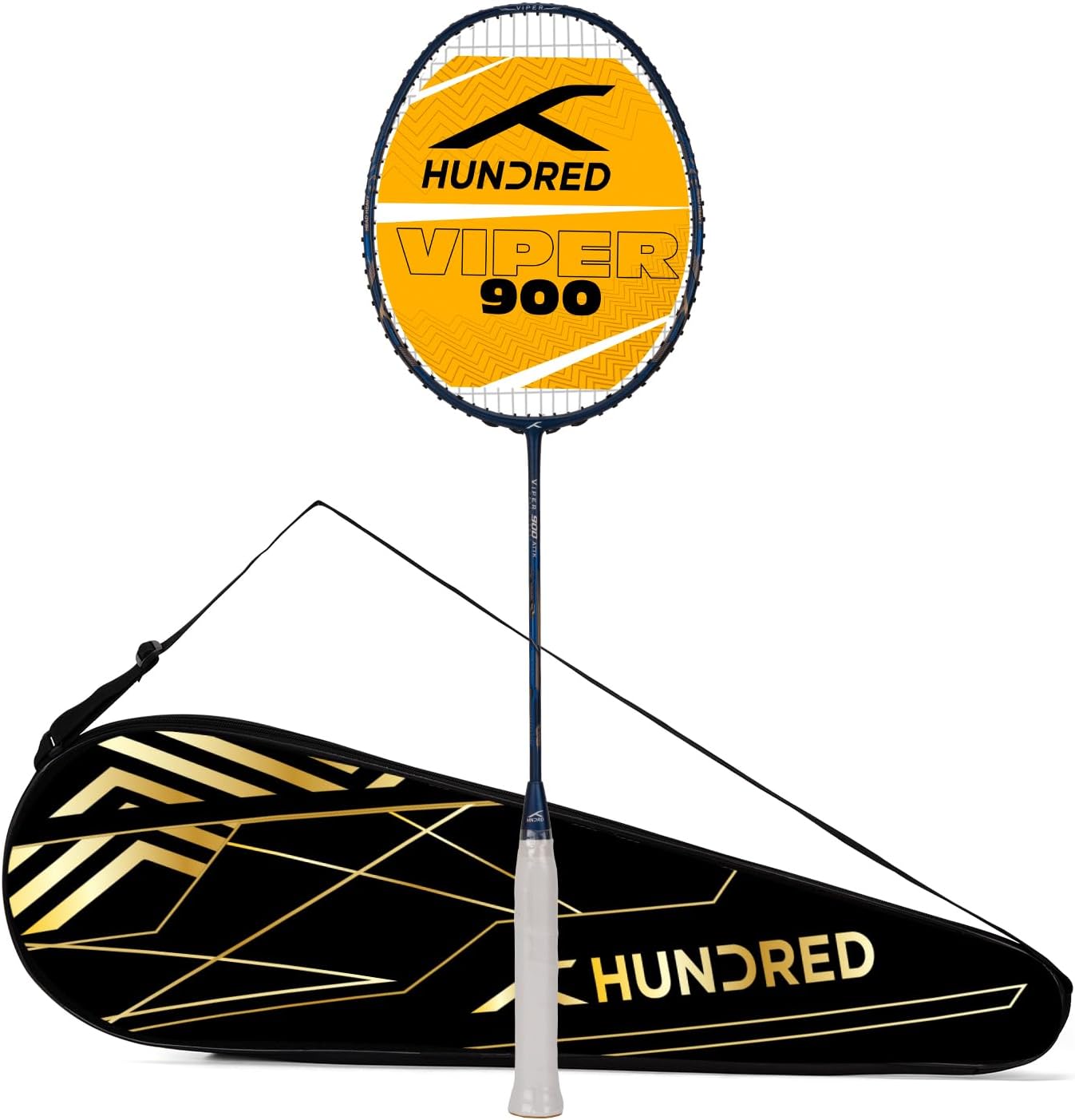 HUNDRED Viper 900 Carbon Fibre Strung Badminton Racket with Full Racket Cover | For advanced players | 79 grams | Maximum string tension - 32lbs