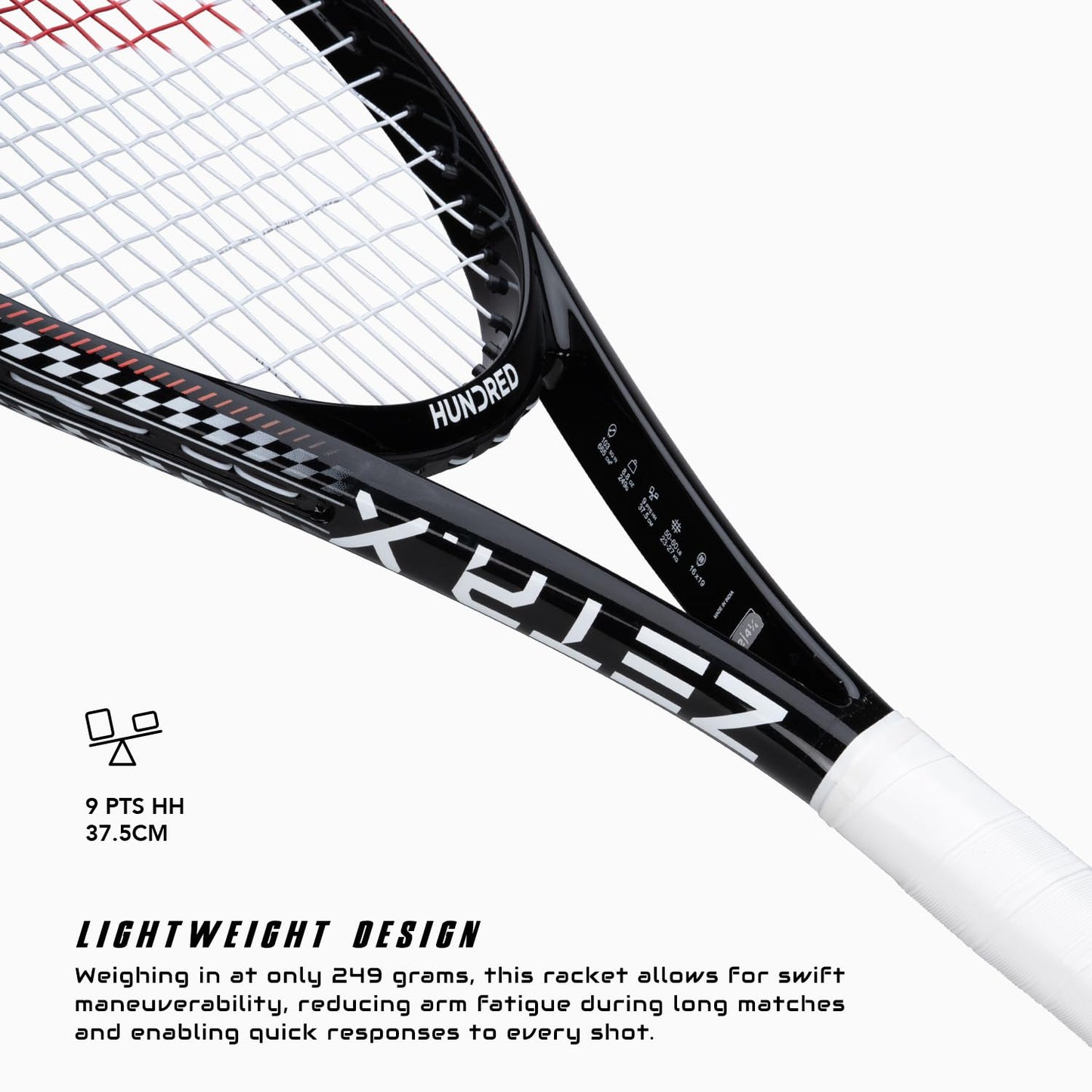 Hundred Zeta X Tennisschläger, bespannt, mit Vollschutzhülle | 9-Punkte-Kopfschwer | Griffgröße 2 (10,8 cm) | 249 Gramm