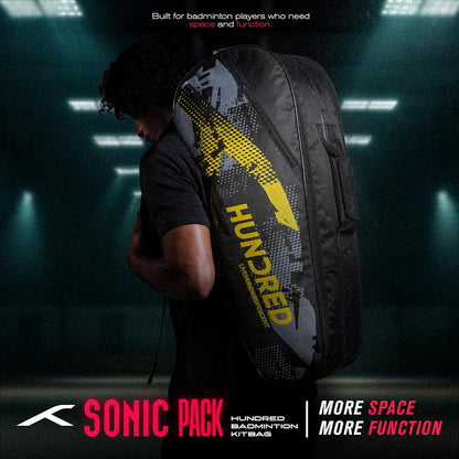 HUNDRED Sonic Pack Kit Bag | Spacious Badminton Bag with Two Large Compartments for Rackets, Shoes, and Equipment – Ideal for Sports, Gym, and Travel | Unisex Design | Black