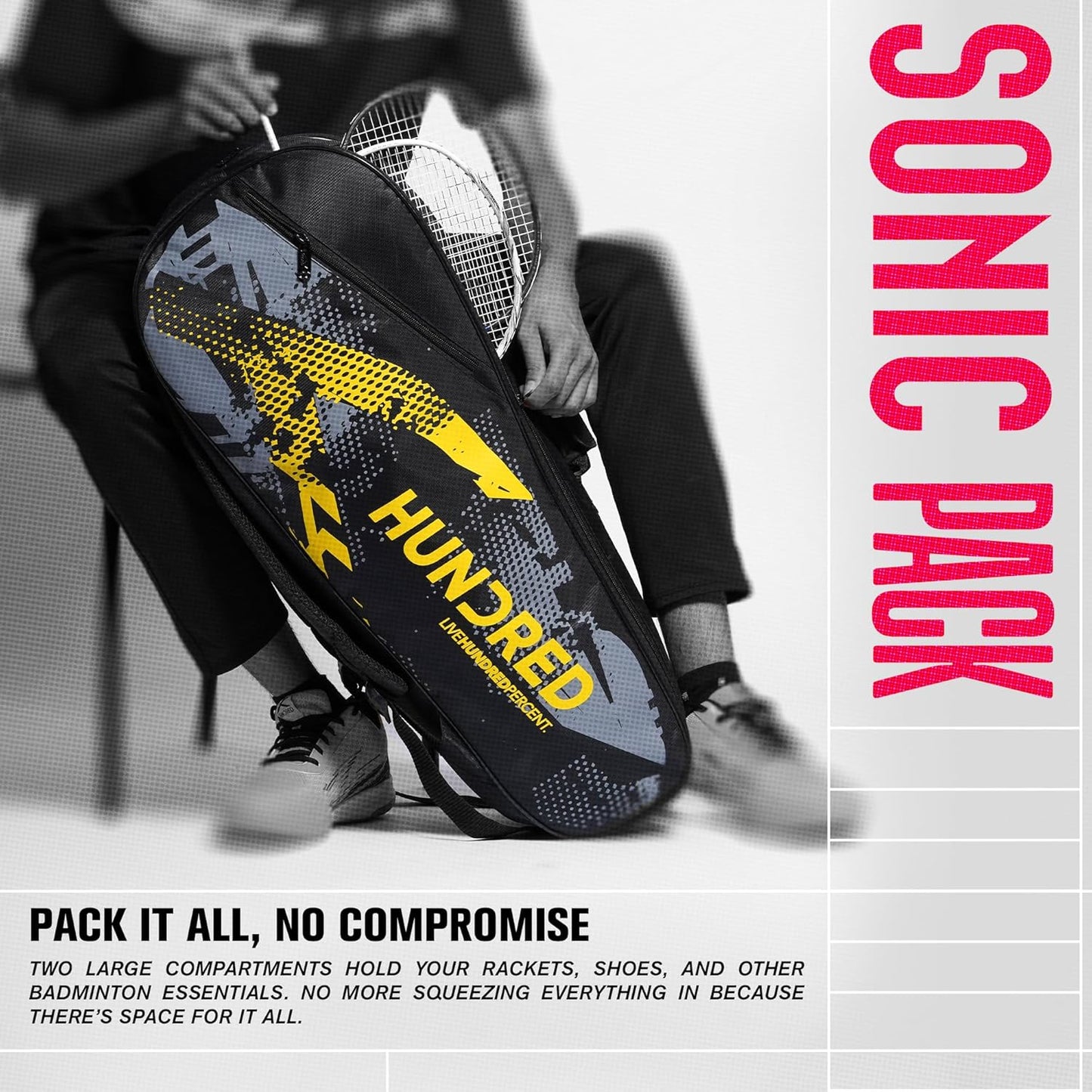 HUNDRED Sonic Pack Kit Bag | Spacious Badminton Bag with Two Large Compartments for Rackets, Shoes, and Equipment – Ideal for Sports, Gym, and Travel | Unisex Design | Black