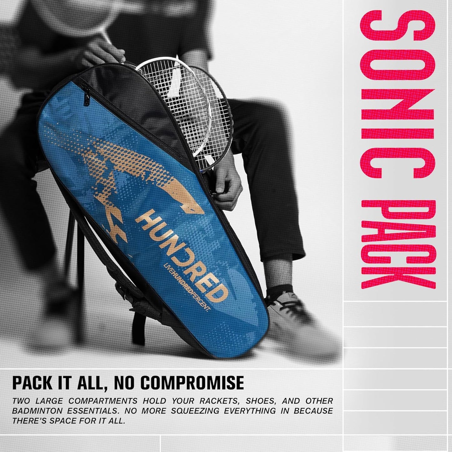 HUNDRED Sonic Pack Kit Bag | Spacious Badminton Bag with Two Large Compartments for Rackets, Shoes, and Equipment – Ideal for Sports, Gym, and Travel | Unisex Design | Black