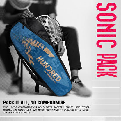 HUNDRED Sonic Pack Kit Bag | Spacious Badminton Bag with Two Large Compartments for Rackets, Shoes, and Equipment – Ideal for Sports, Gym, and Travel | Unisex Design | Black