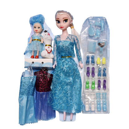 FUNFY 11" Eisprinzessinnen-Puppenset | Enthält zwei zusätzliche kleine Puppen | Blau | Material: Kunststoff | Zahlreiche Accessoires, darunter Kleider, Schuhe, Kamm und Spiegel für ausgedehntes Spielen | für Mädchen