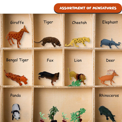 FUNFY Wild Animal Safari and Forest Toy Set with Box | Multicolored | Miniature assortment includes 10 animal figures with 18 forest trees and rocks | Encourages imaginative play | for children