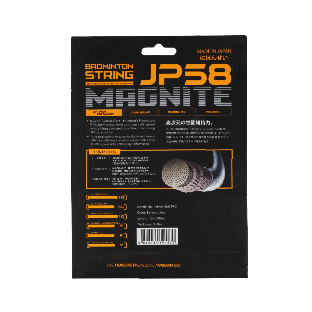 Hundred JP58 Magnite Badmintonsaite – 0,58 mm, ultradünn, Kraft und Präzision (10 m)