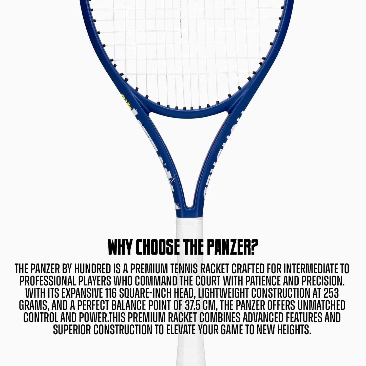 Hundred Panzer Strung Tennis Racket with Full Cover | 3 Points Head Heavy | Grip Size 2 (4 1/4 inches) | 253 grams