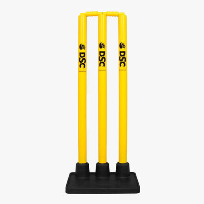 DSC PLASTIC STUMPS SET WITH RUBBER BASE (3 Stumps, 2 Bails ; 1 Base) CRICKET STUMPS SET - MENS-2024