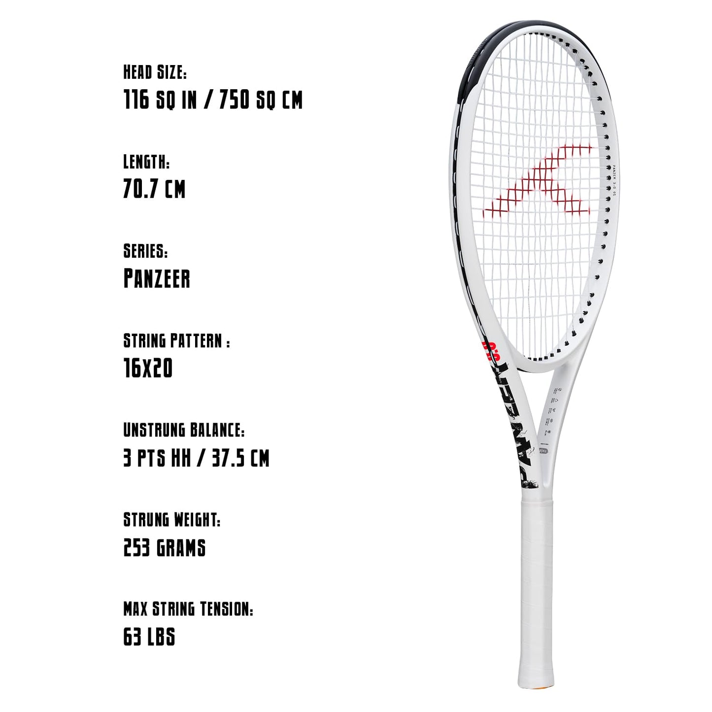 Hundred Panzer Strung Tennis Racket with Full Cover | 3 Points Head Heavy | Grip Size 2 (4 1/4 inches) | 253 grams