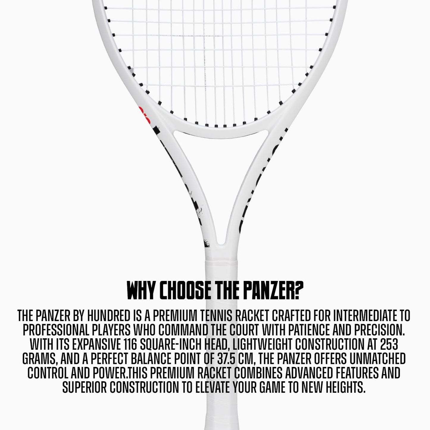 Hundred Panzer Strung Tennis Racket with Full Cover | 3 Points Head Heavy | Grip Size 2 (4 1/4 inches) | 253 grams